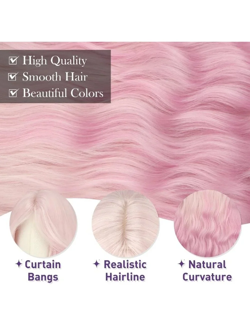 Women's Ombre Pink 26 Inch Heat Resistant Curtain Bangs Long Wavy Wigs